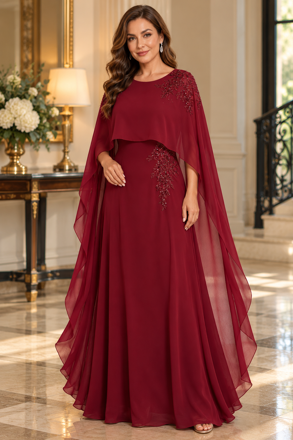 Burgundy Embellished Long Cape Mother of the Bride Dress