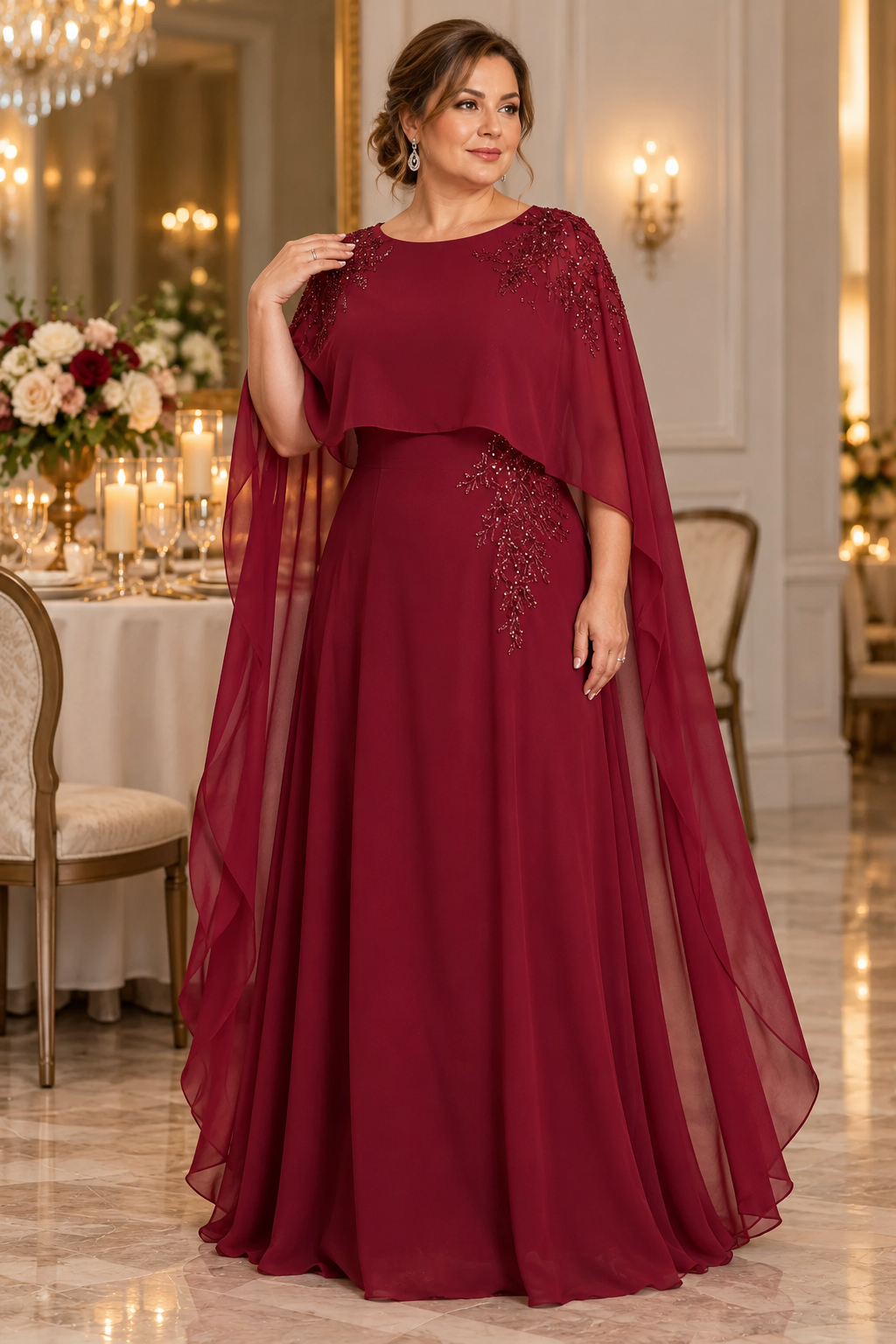 Burgundy Embellished Long Cape Mother of the Bride Dress
