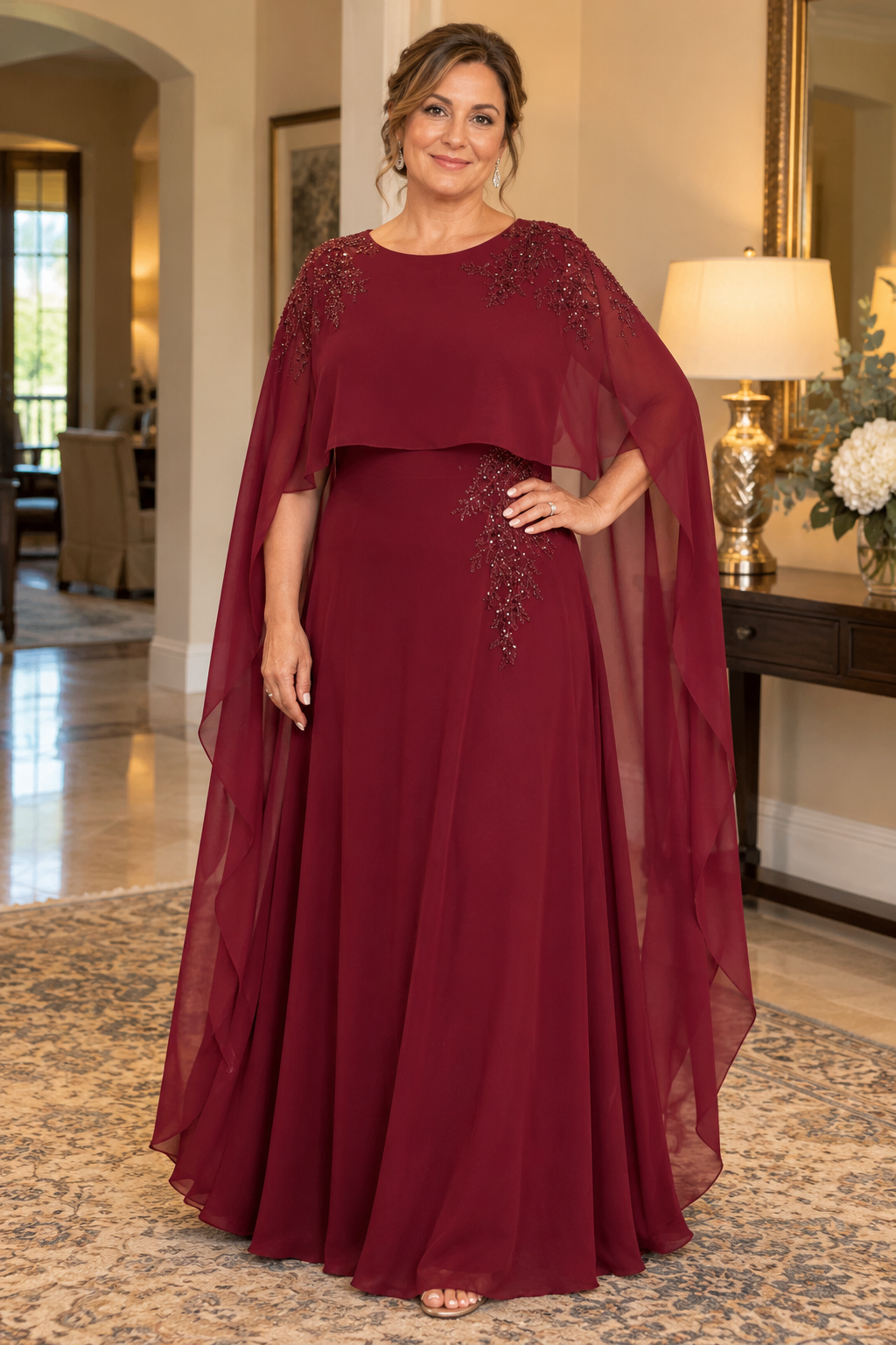 Burgundy Embellished Long Cape Mother of the Bride Dress