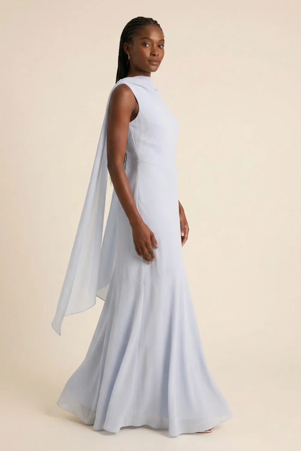 Aurora Light Blue Cape Formal Maxi Dress