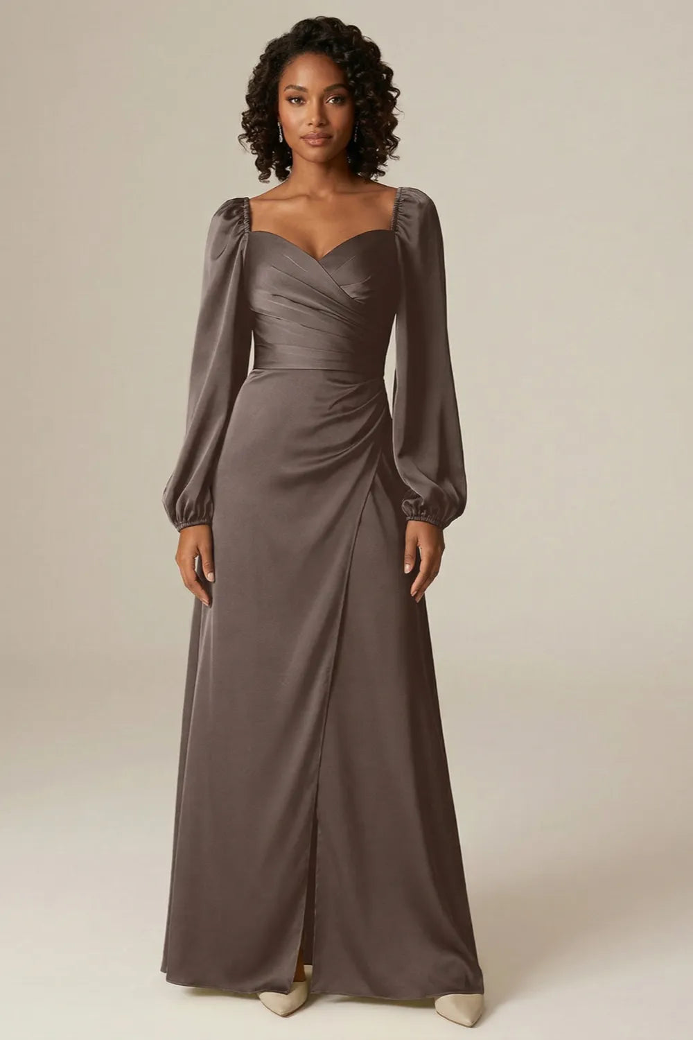 Elegant Brown Satin Formal Maxi Dress