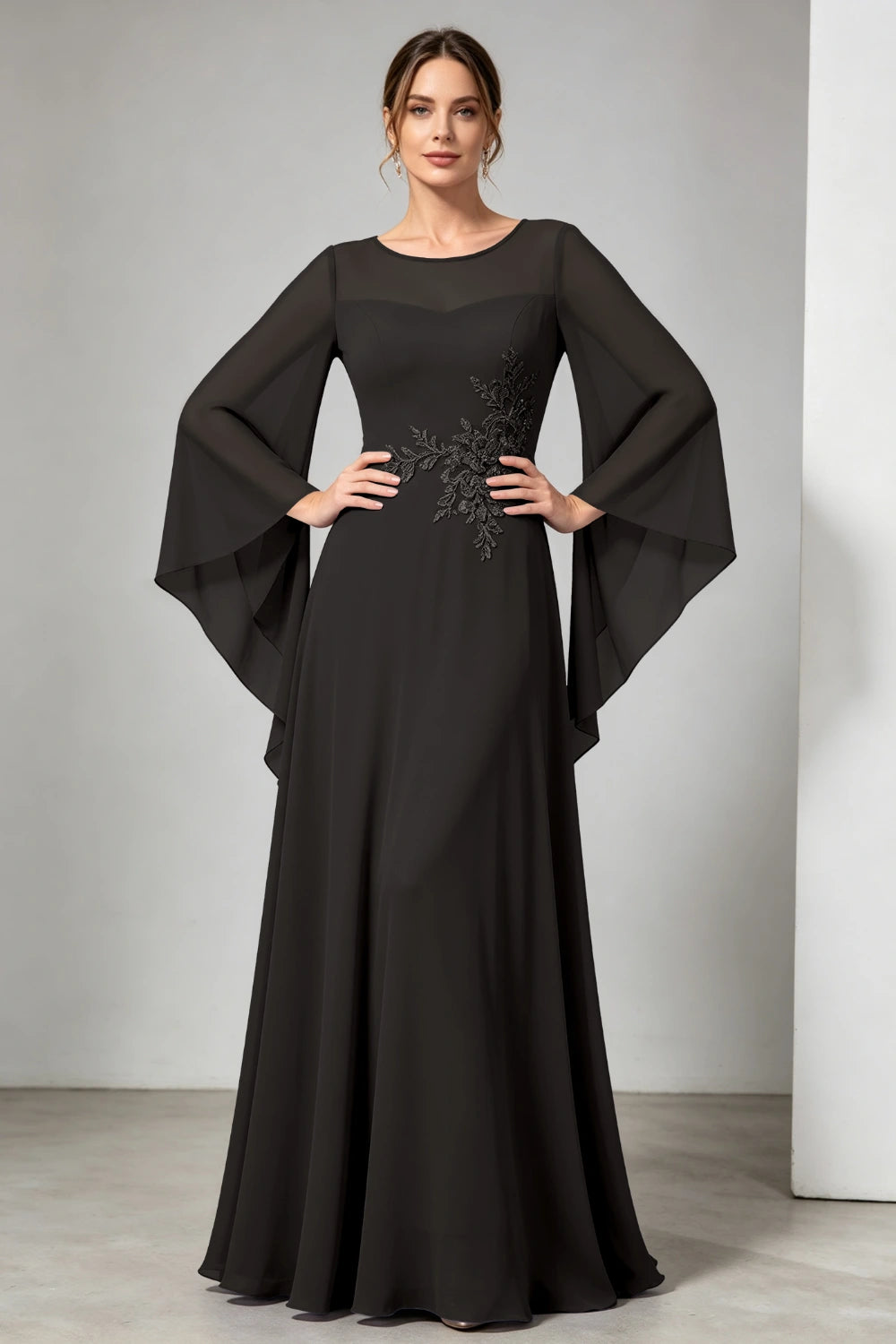Purple Beaded Waist Sheer Yoke Long Sleeve Chiffon Mother of the Bride Dress