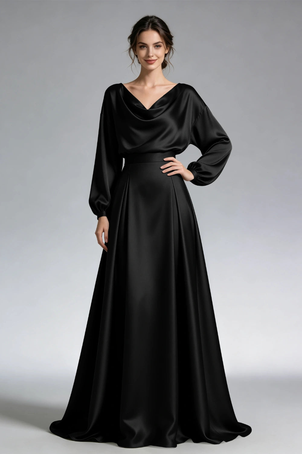 Front view of the black cowl-neck gown with loose long sleeves and a wide waistband.