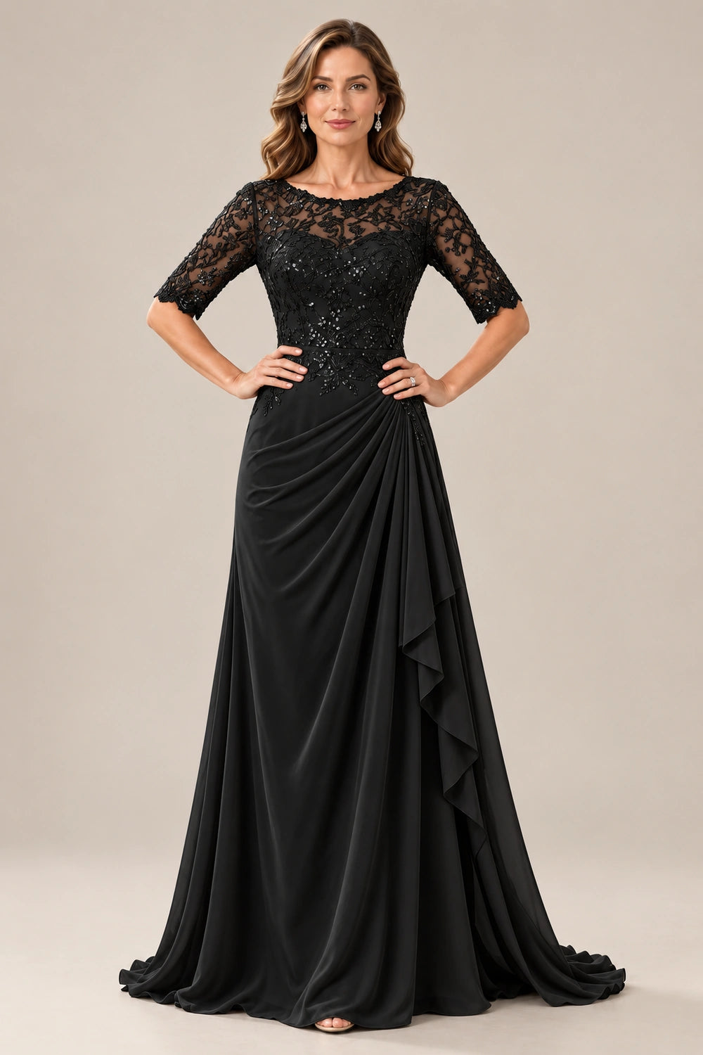 Lace Bodice Three-Quarter Sleeve Draped Side Chiffon Floor-Length Dress