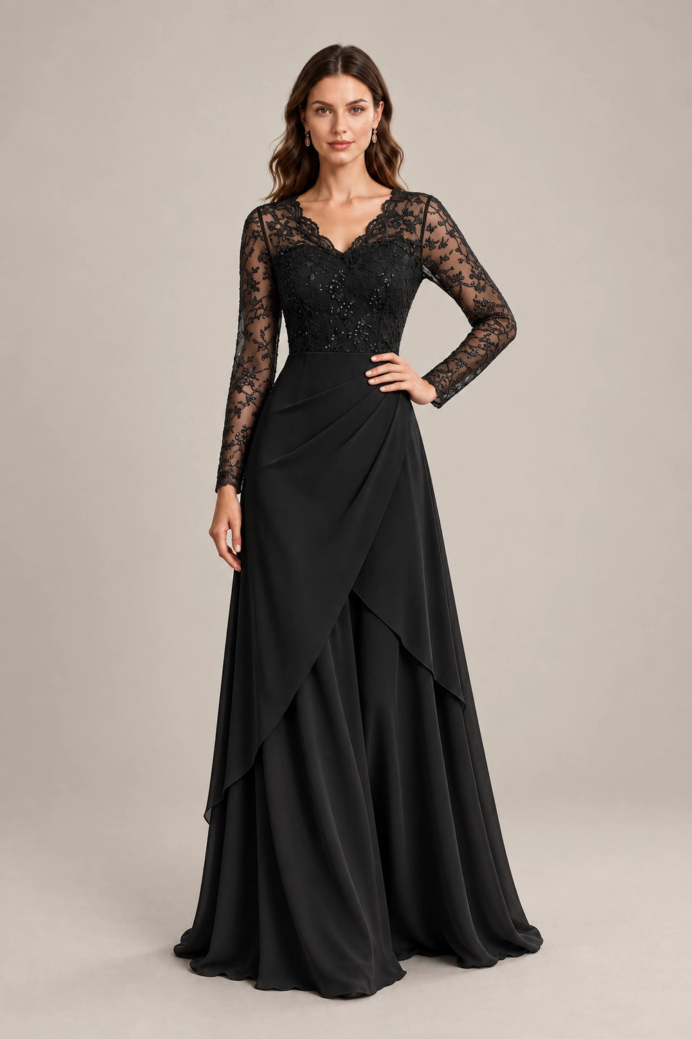 Lace Long-Sleeve Draped Ruffle Chiffon Floor-Length Dress