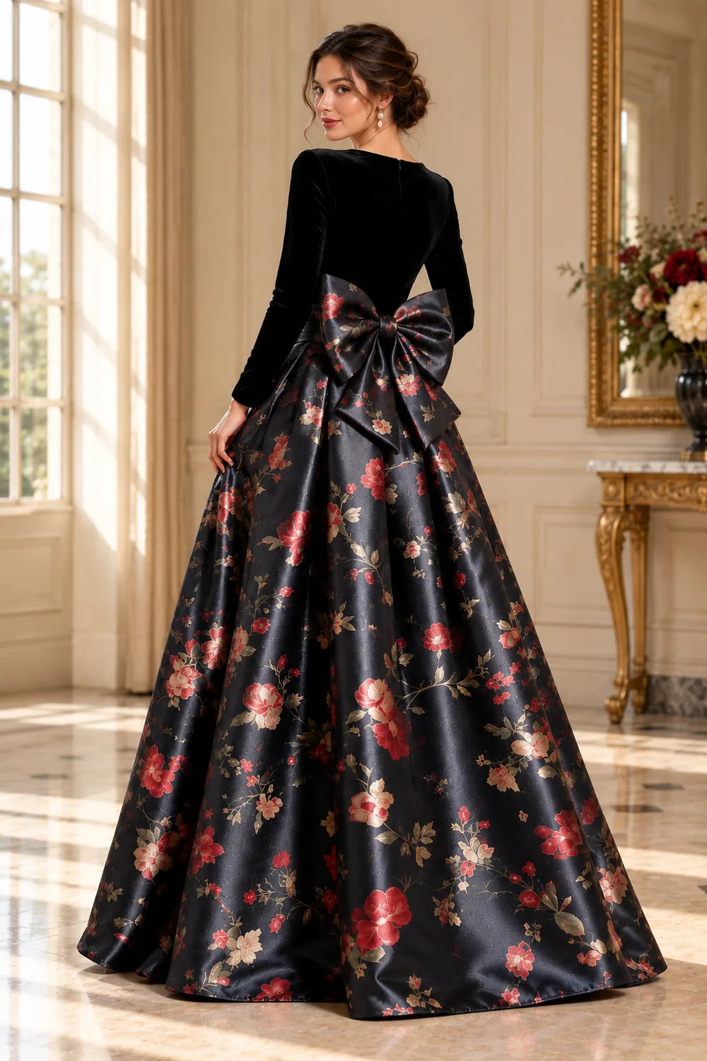 Black Square Neck Floral Bow Mother of the Bride Gown
