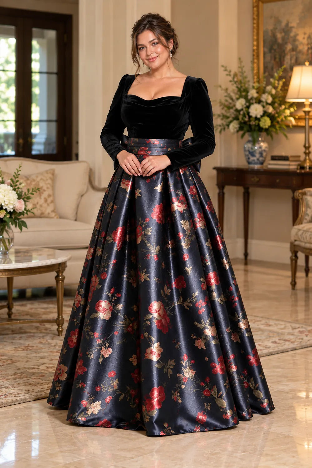 Black Square Neck Floral Bow Mother of the Bride Gown