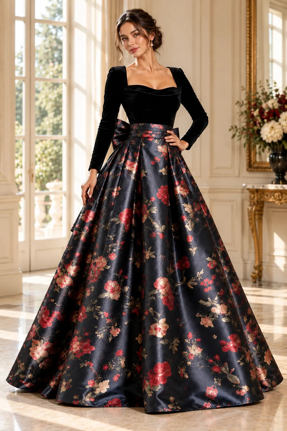 Black Square Neck Floral Bow Mother of the Bride Gown