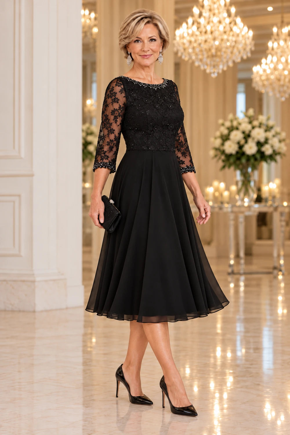 Front three-quarter walking view of the black lace-bodice midi dress with sheer floral sleeves.