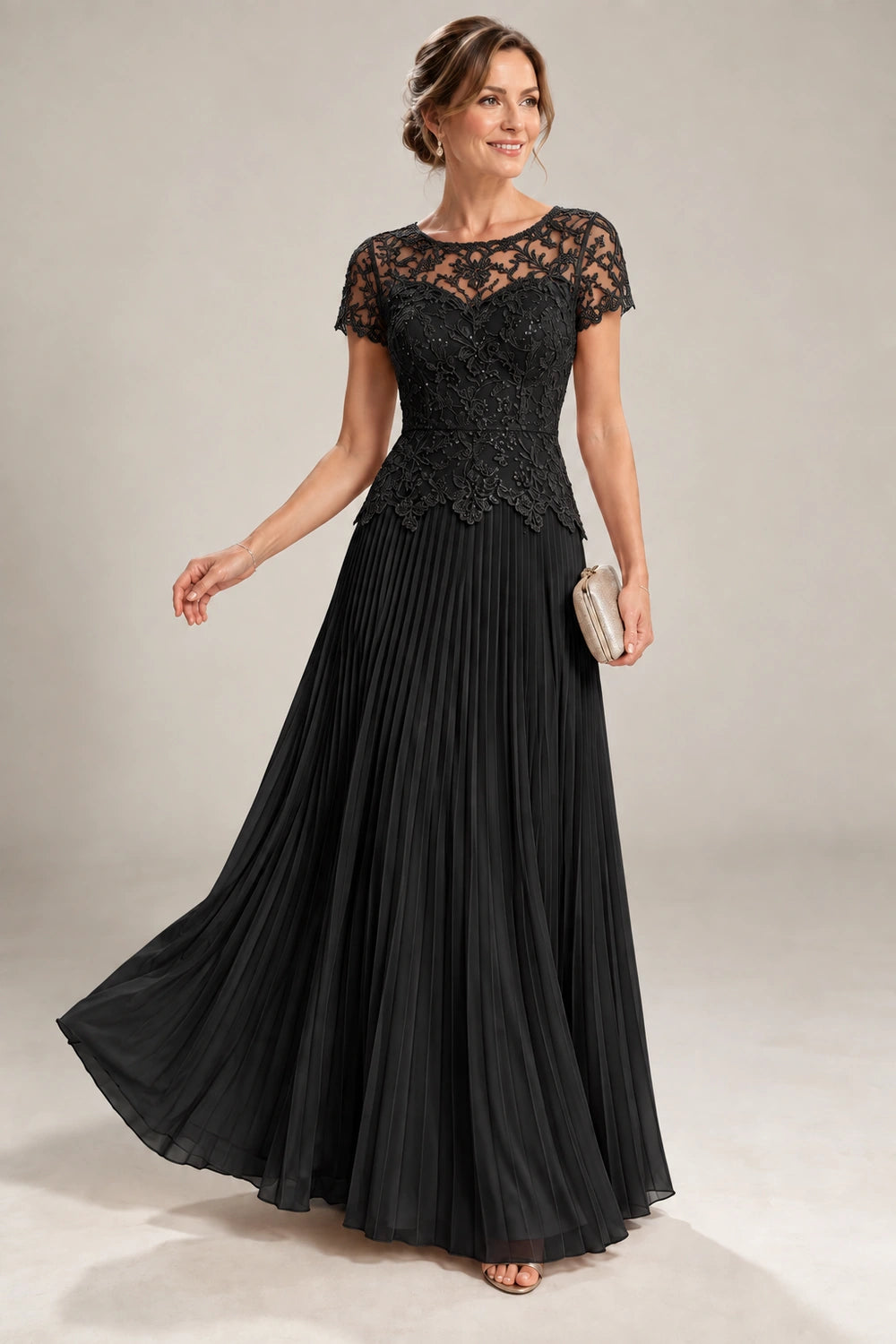 Lace Short Sleeve Pleated Chiffon Floor-Length Dress