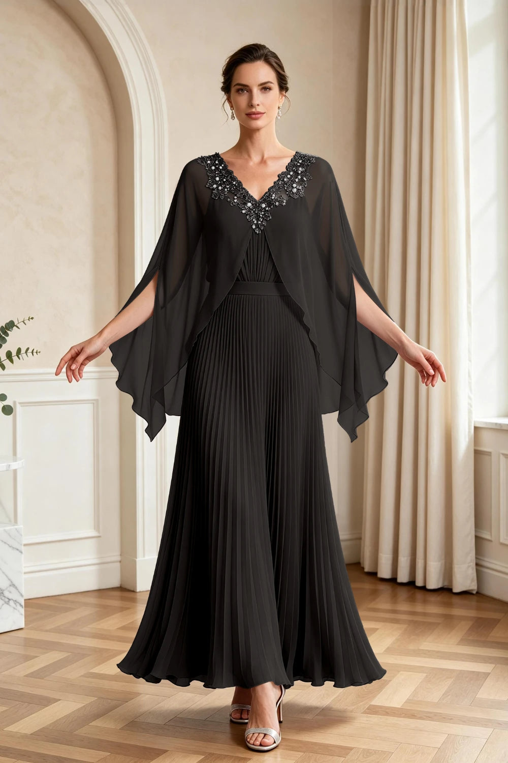 Lavender Pleated Cape Sleeve Chiffon Mother of the Bride Dress