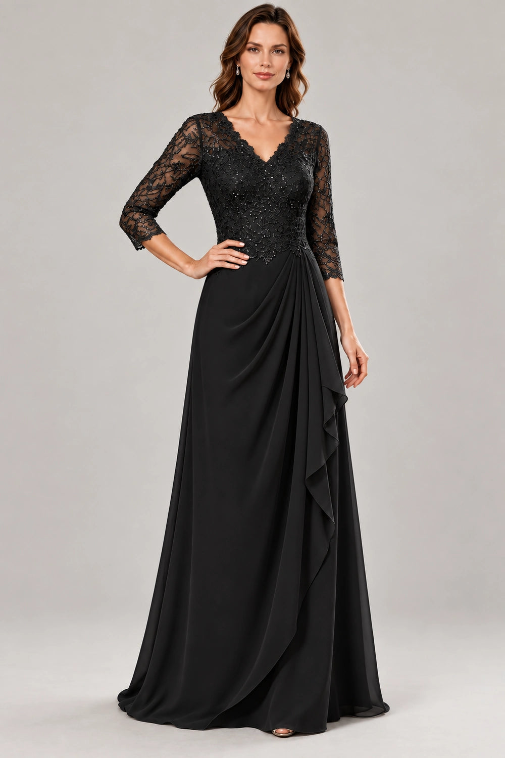 Lace Three-Quarter Sleeve Draped Cascade Chiffon Floor-Length Dress