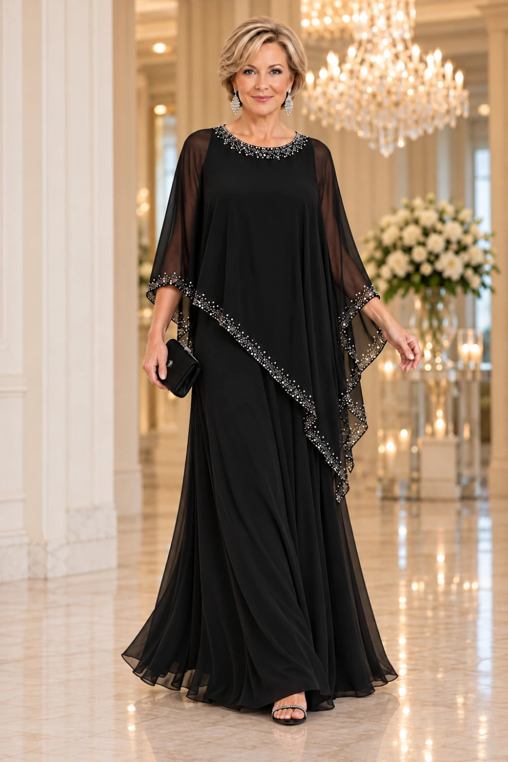 Front view in motion of the black floor-length dress with a long asymmetric cape point.