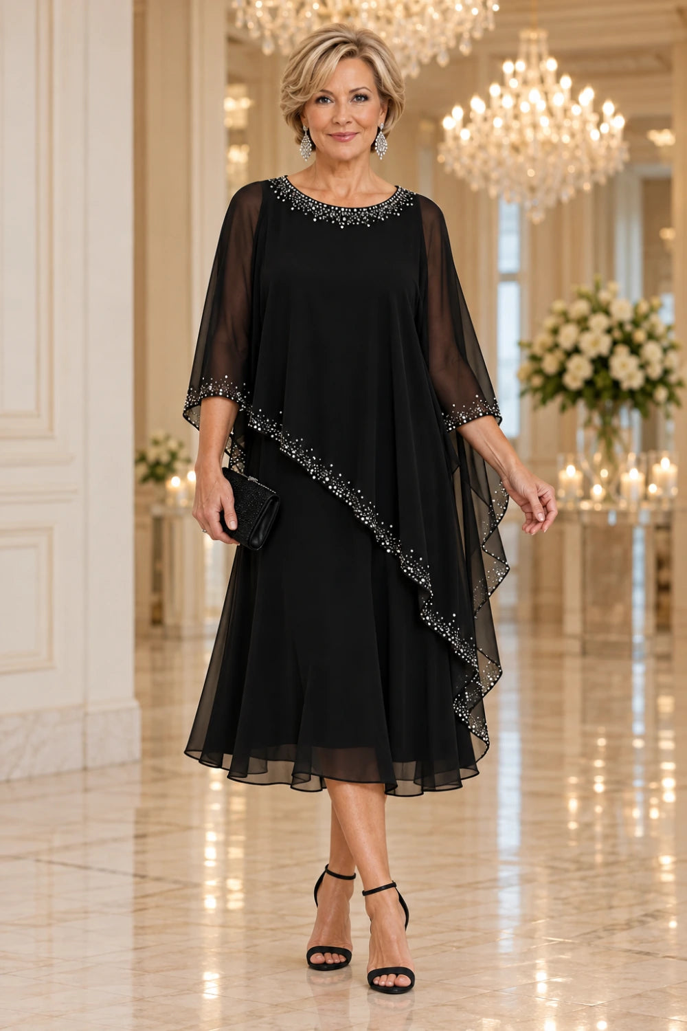 Front view of a black midi dress with a decorated round neckline and sheer pointed waterfall cape.