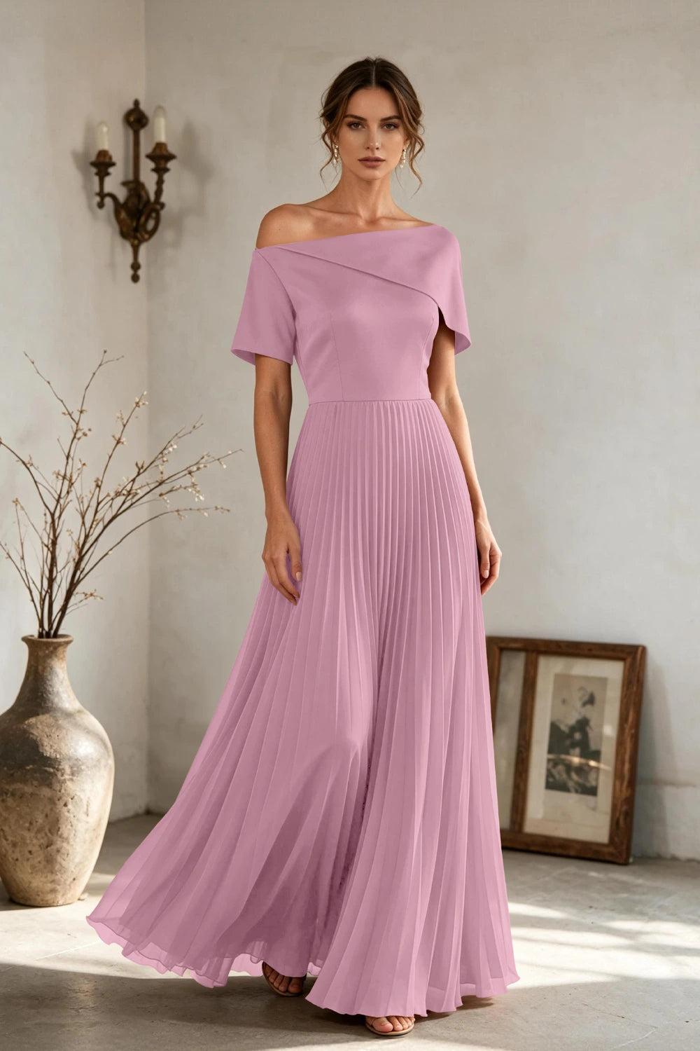 Copper Brown Off-Shoulder Draped Pleated Chiffon Floor-Length Dress