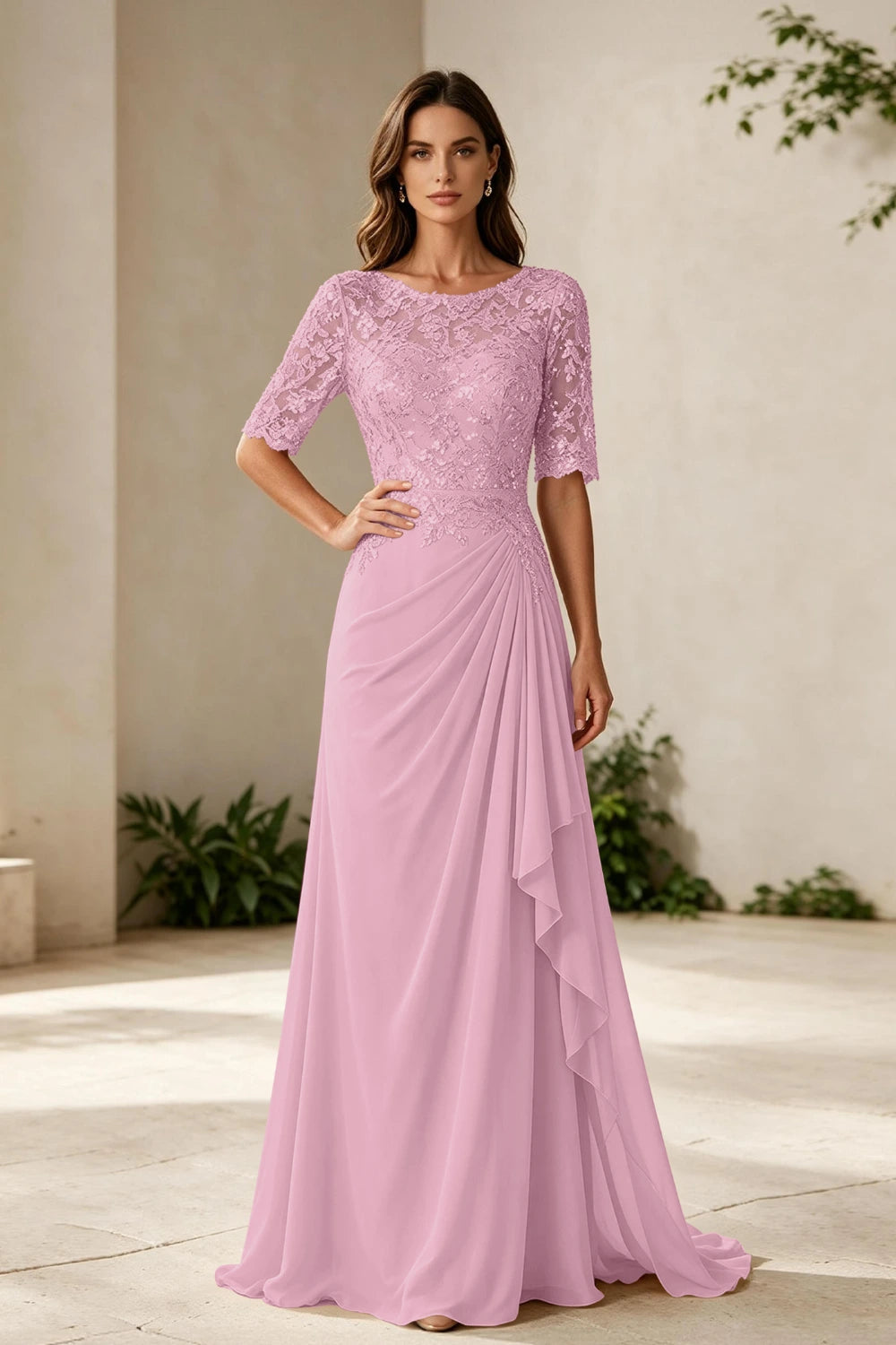 Champagne Lace Bodice Three-Quarter Sleeve Draped Side Chiffon Floor-Length Dress