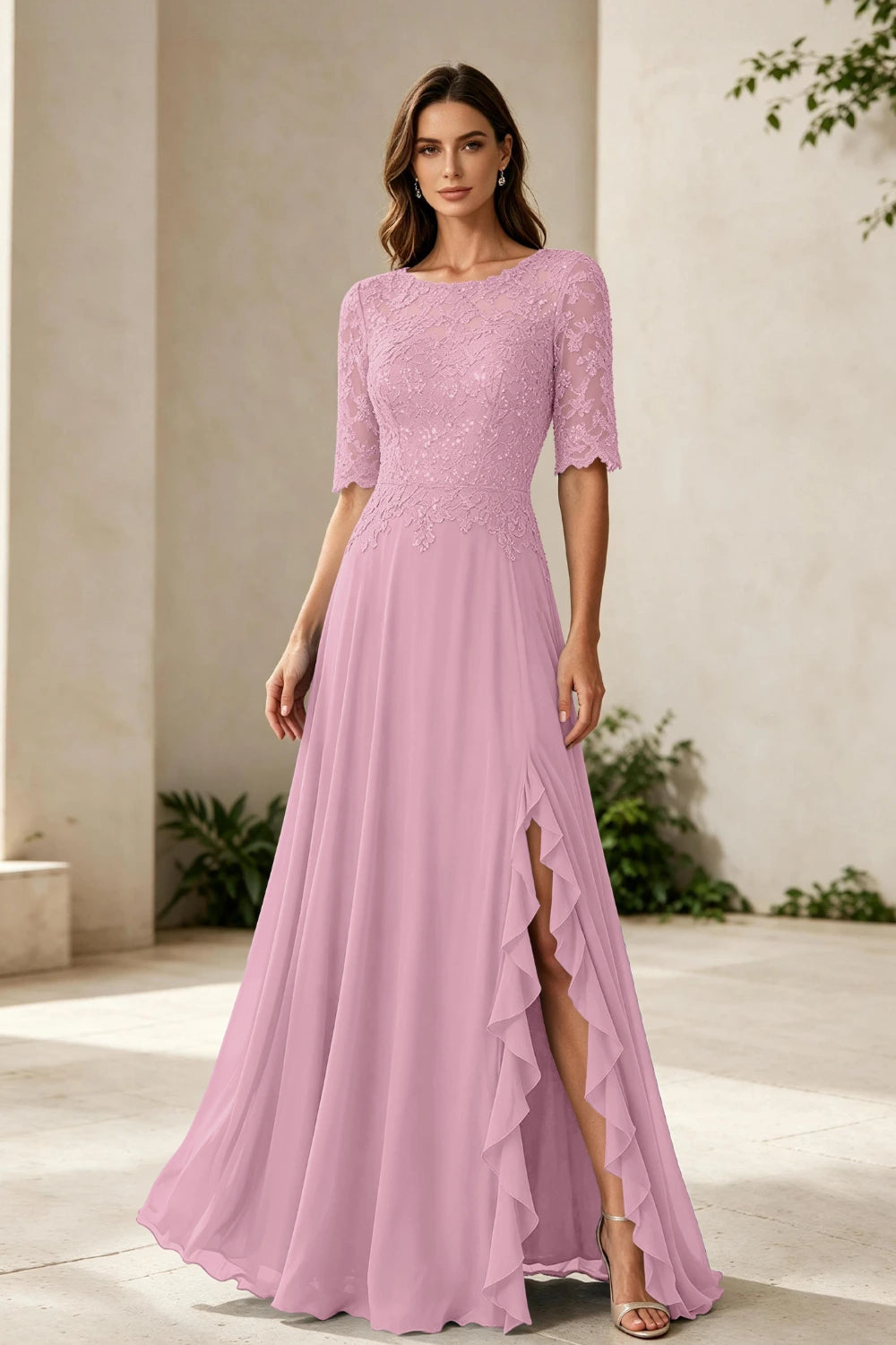Dusty Blue Lace Bodice Three-Quarter Sleeve Ruffle Slit Chiffon Floor-Length Dress