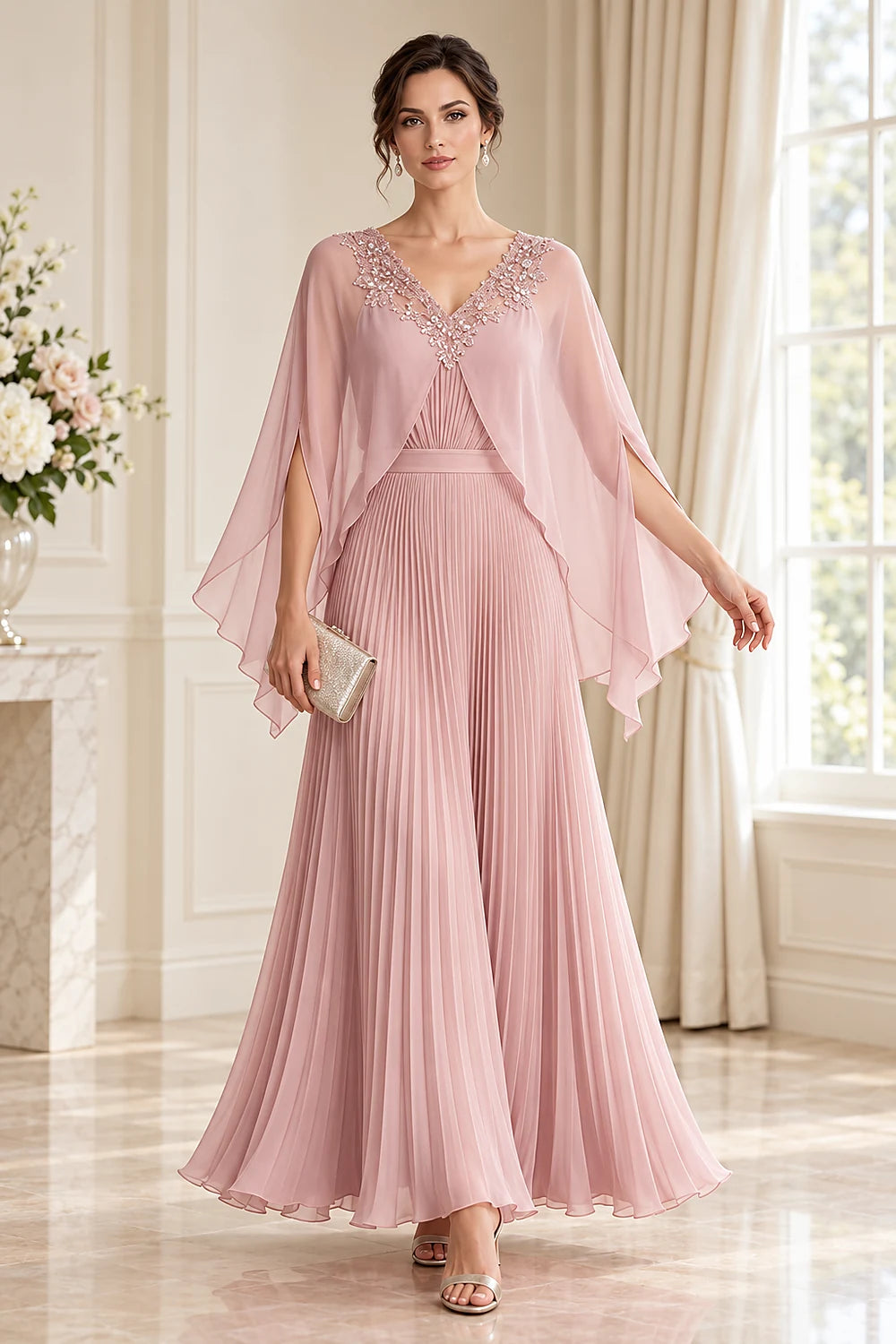 Pleated Cape Sleeve Chiffon Mother of the Bride Dress