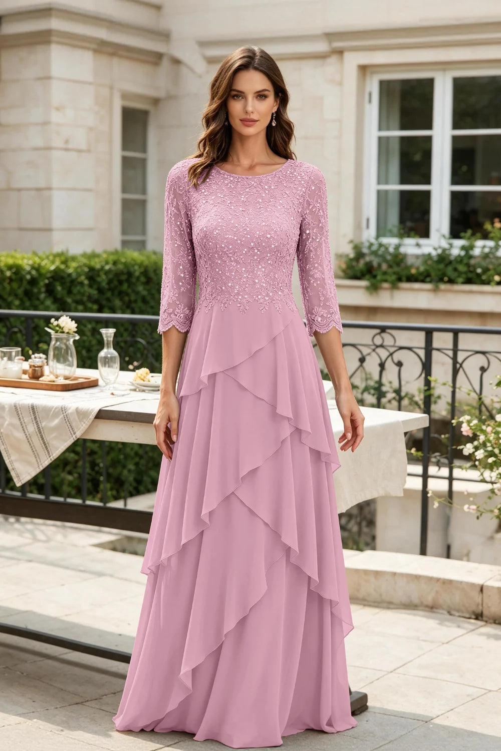 Gray Sequin Lace Bodice Three-Quarter Sleeve Tiered Ruffle Chiffon Floor-Length Dress