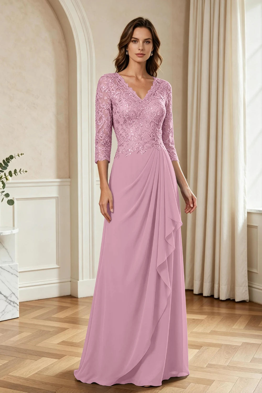 Dusty Blue Lace Three-Quarter Sleeve Draped Cascade Chiffon Floor-Length Dress