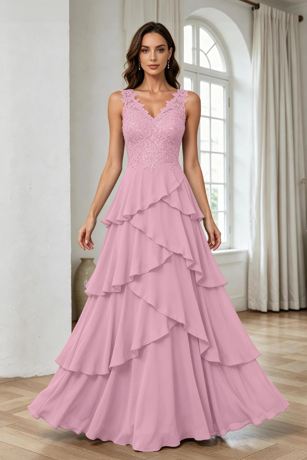 Silver Gray Lace Sleeveless Tiered Chiffon Floor-Length Dress