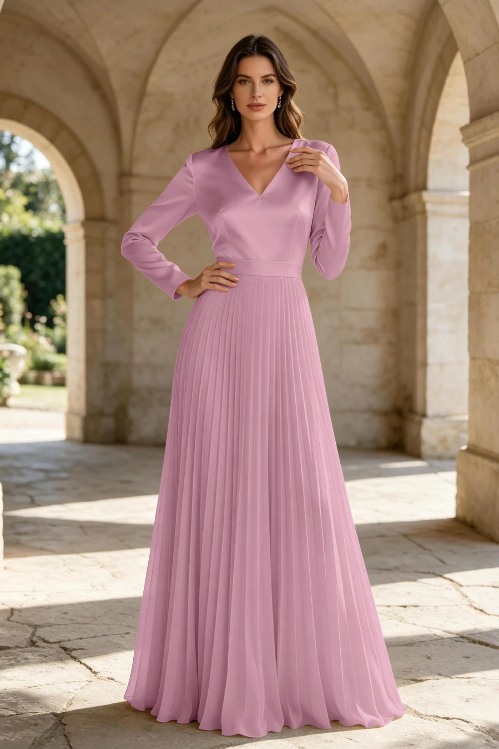 Champagne Satin Long Sleeve Knife-Pleated Chiffon Floor-Length Dress