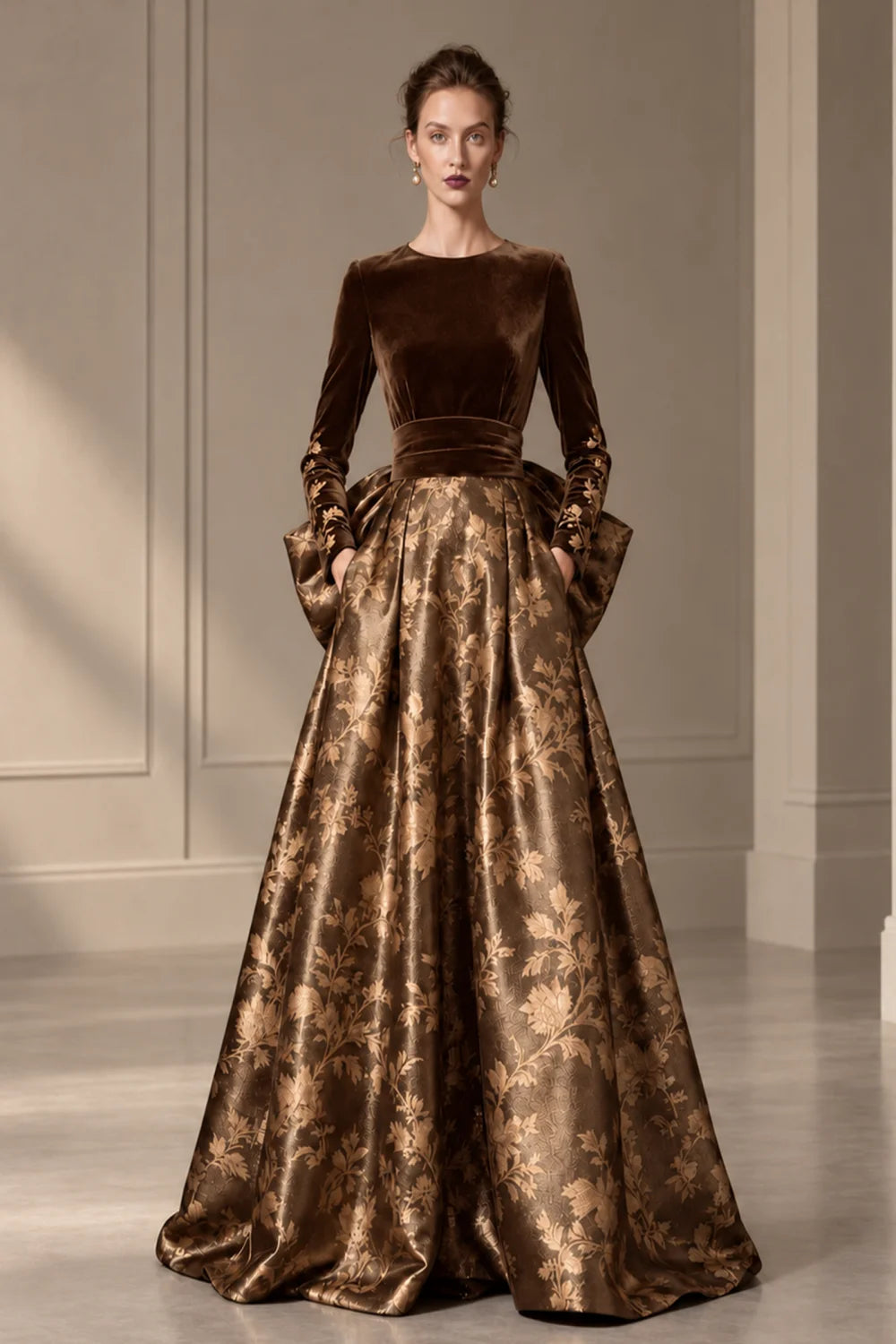 Front view of a bronze dress with a dark bodice and a full floral skirt.