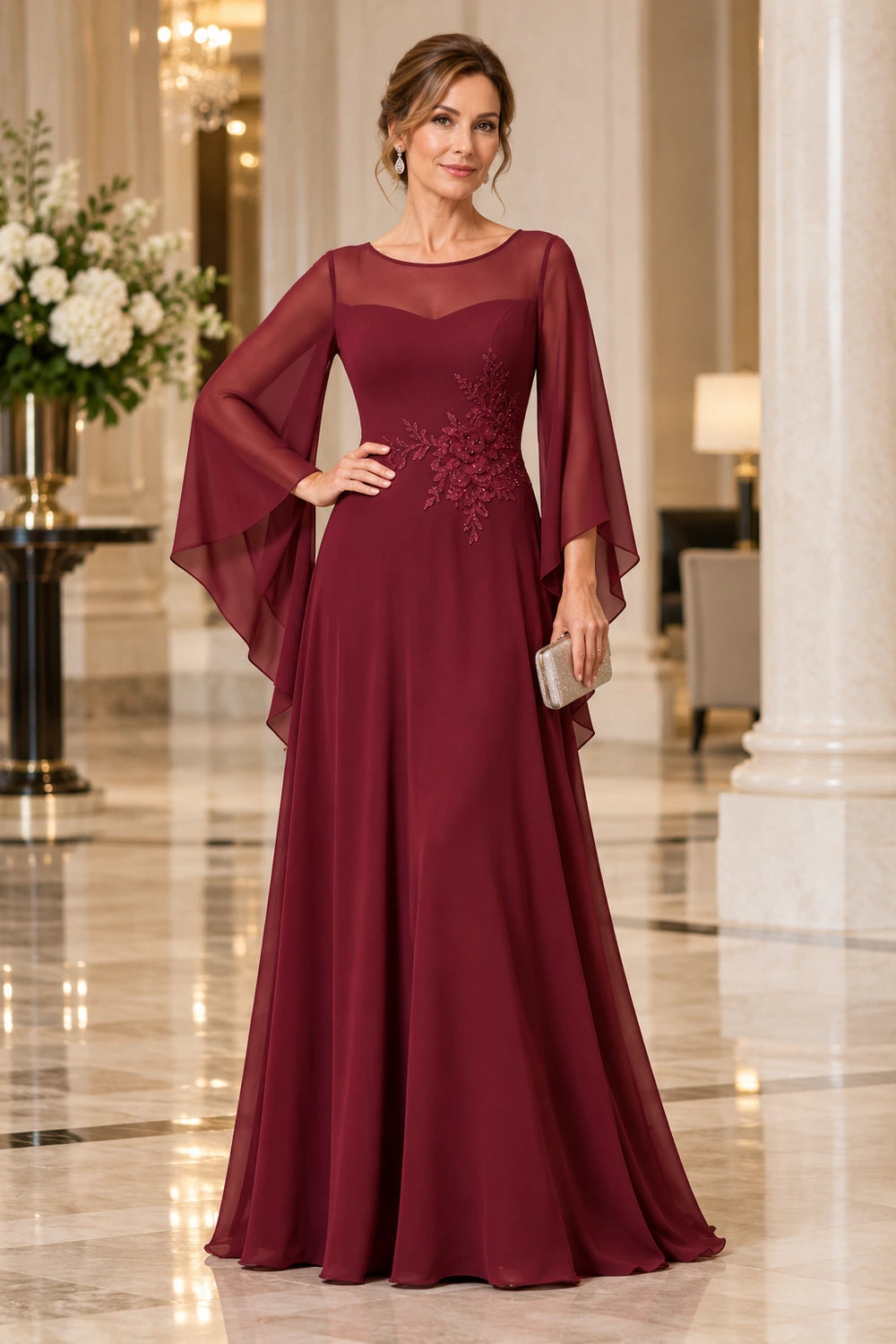 Beaded Waist Sheer Yoke Long Sleeve Chiffon Mother of the Bride Dress