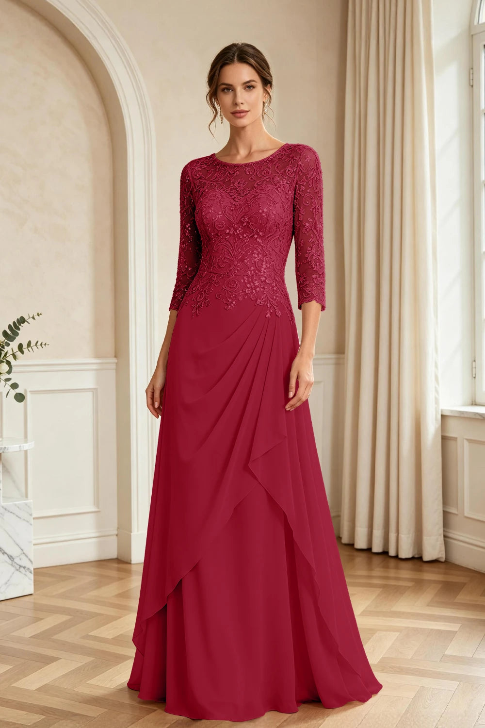 Dusty Rose Lace Bodice Three-Quarter Sleeve Draped Chiffon Floor-Length Dress