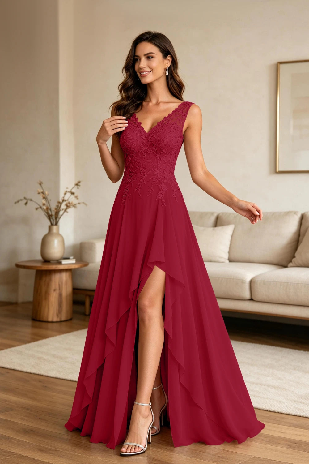 Dusty Pink Lace Sleeveless Ruffle Chiffon Floor-Length Dress