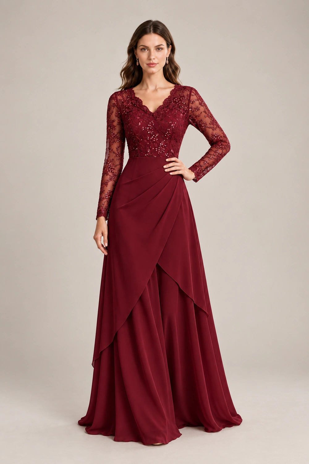 Lace Long-Sleeve Draped Ruffle Chiffon Floor-Length Dress