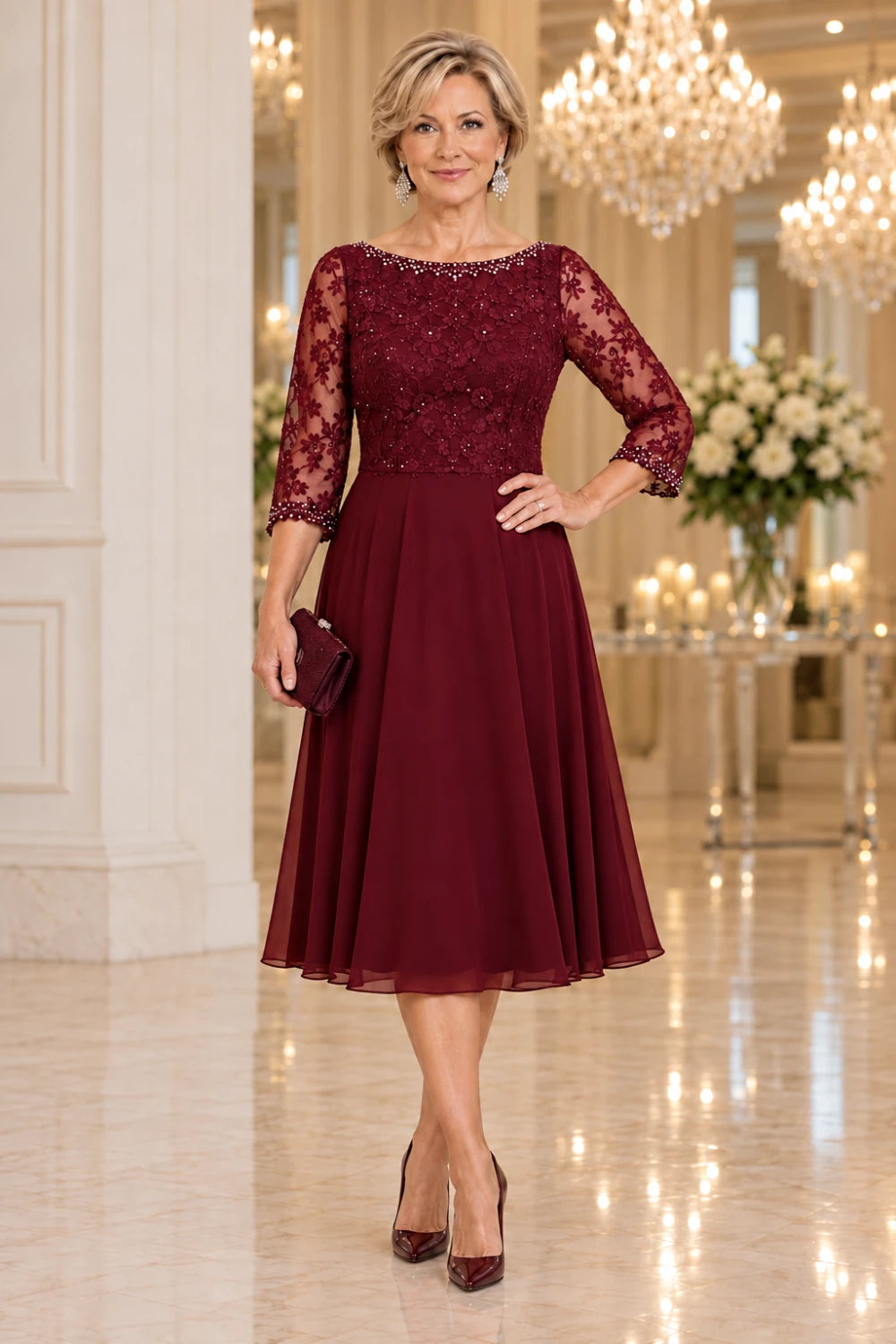 Burgundy dress with a full floral lace bodice and plain flared midi skirt, front view.
