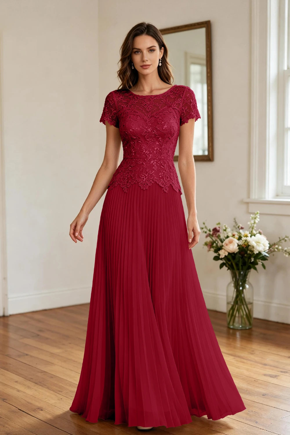 Champagne Lace Short Sleeve Pleated Chiffon Floor-Length Dress