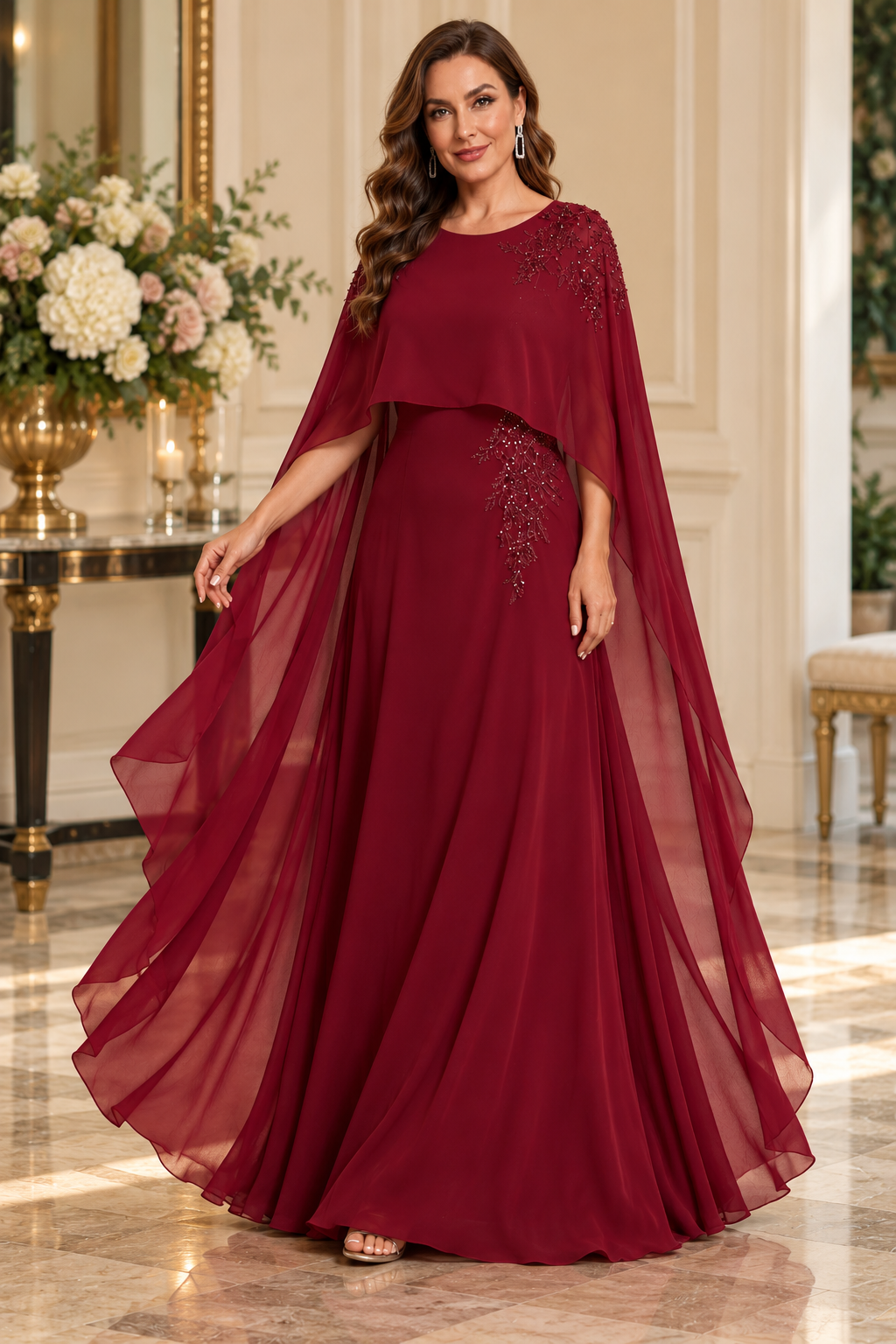 Burgundy Embellished Long Cape Mother of the Bride Dress