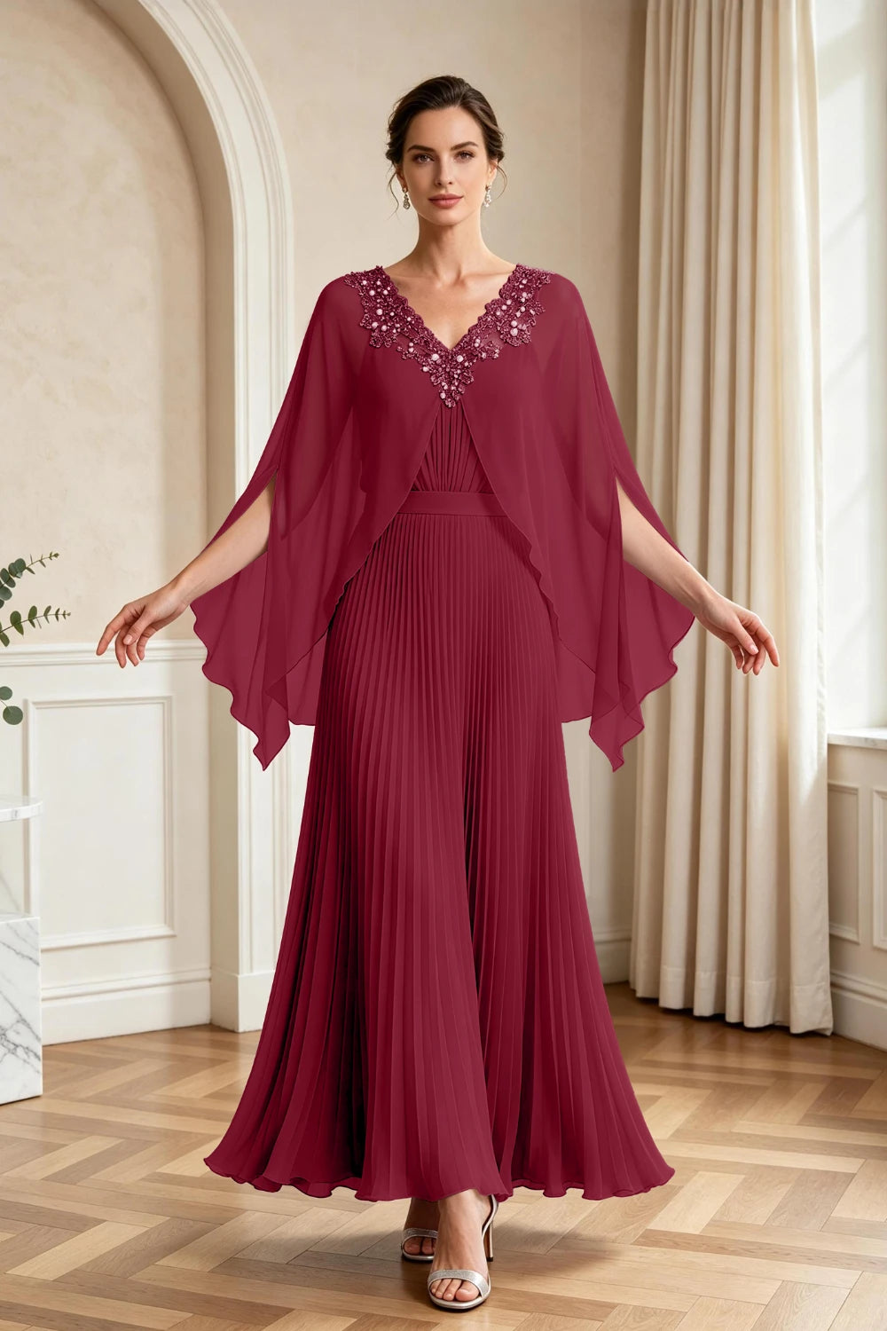 Lavender Pleated Cape Sleeve Chiffon Mother of the Bride Dress