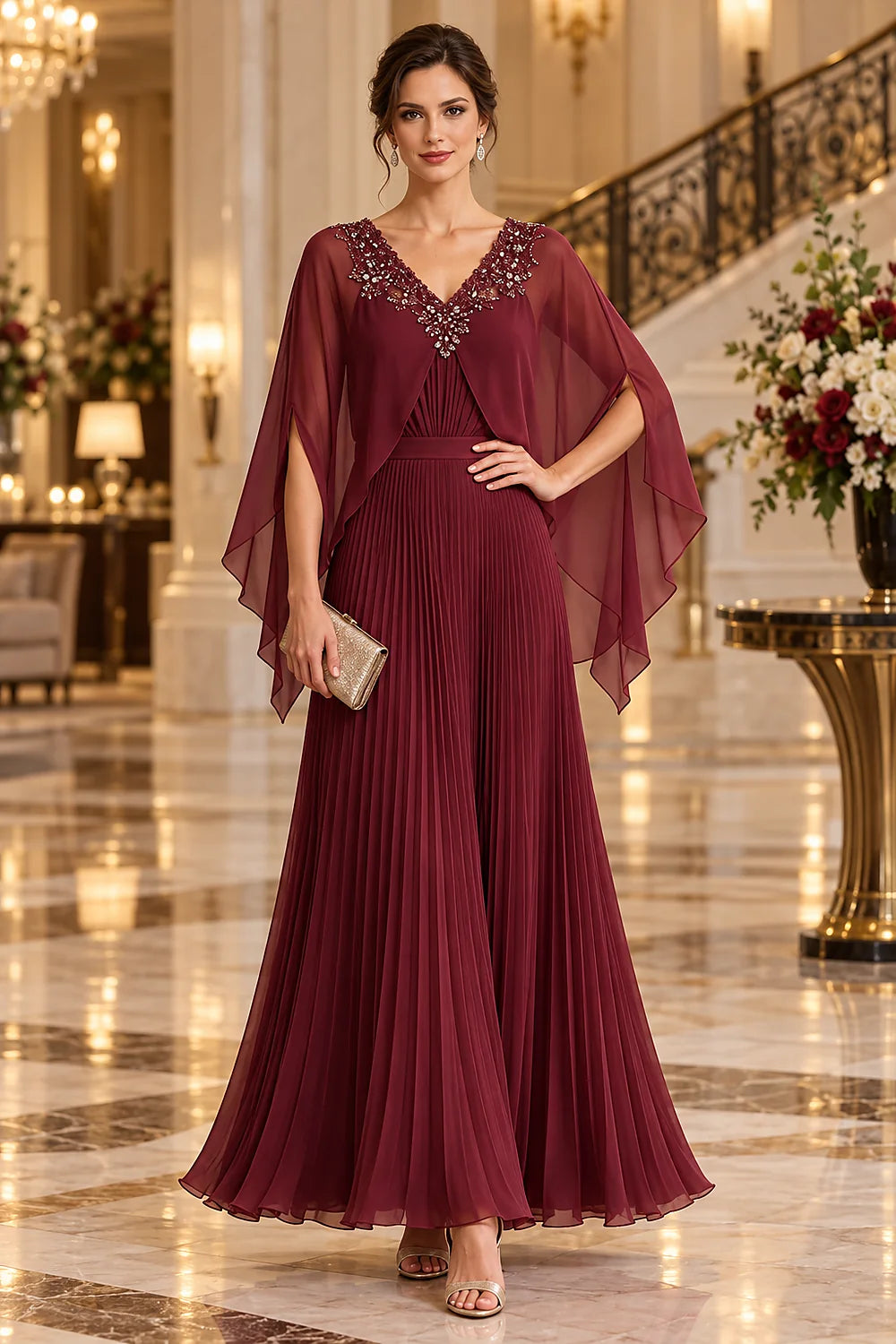 Pleated Cape Sleeve Chiffon Mother of the Bride Dress