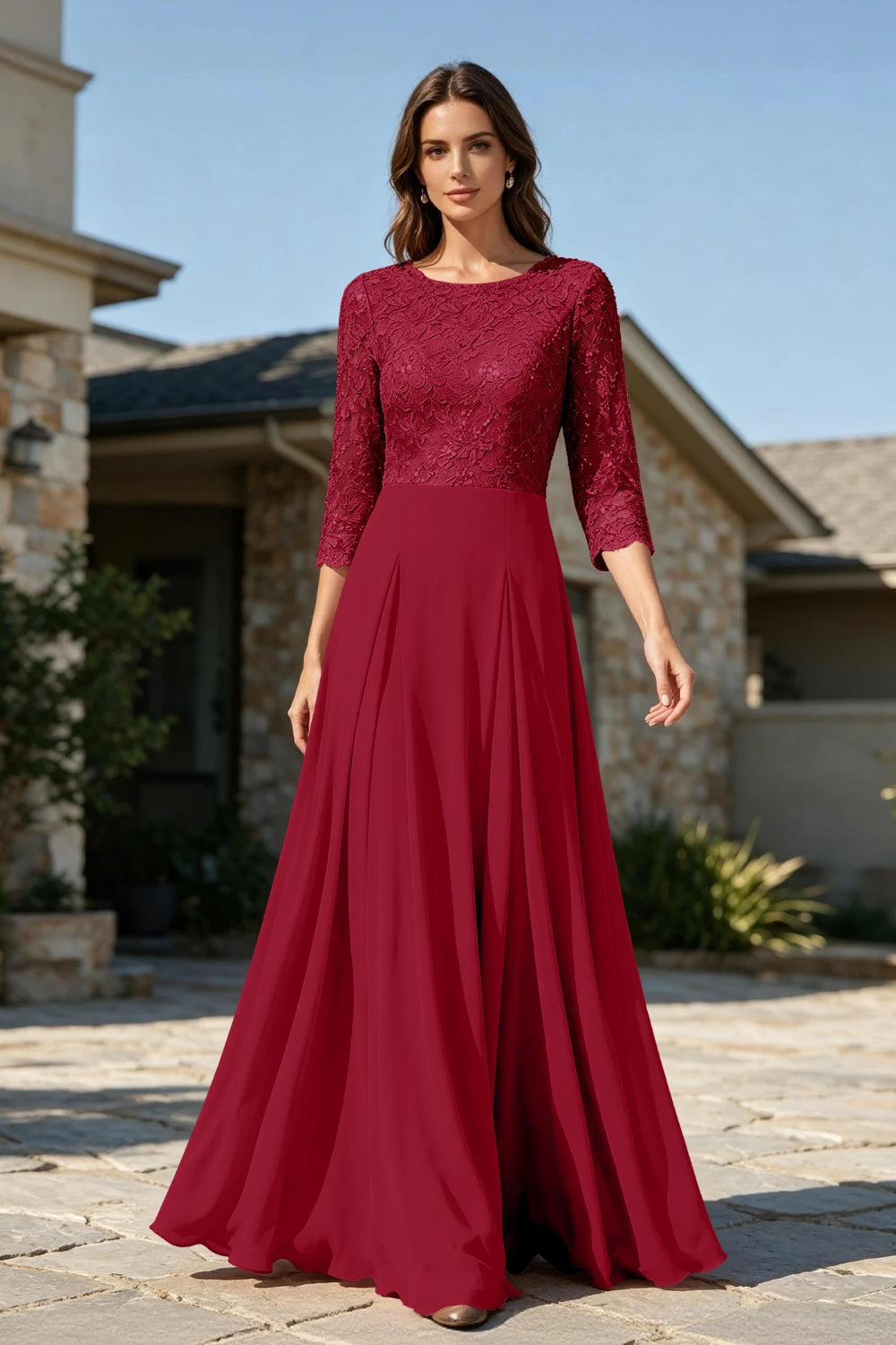 Dusty Rose Lace Three-Quarter Sleeve Pleated Chiffon Floor-Length Dress