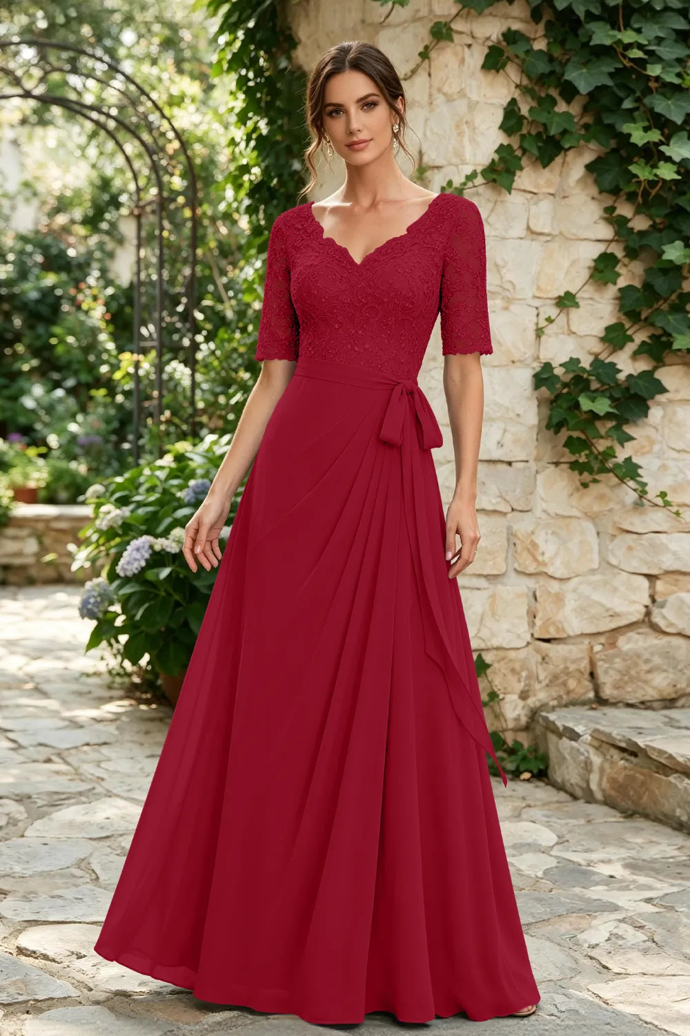 Dusty Blue Lace Elbow-Sleeve Sash Chiffon Floor-Length Dress