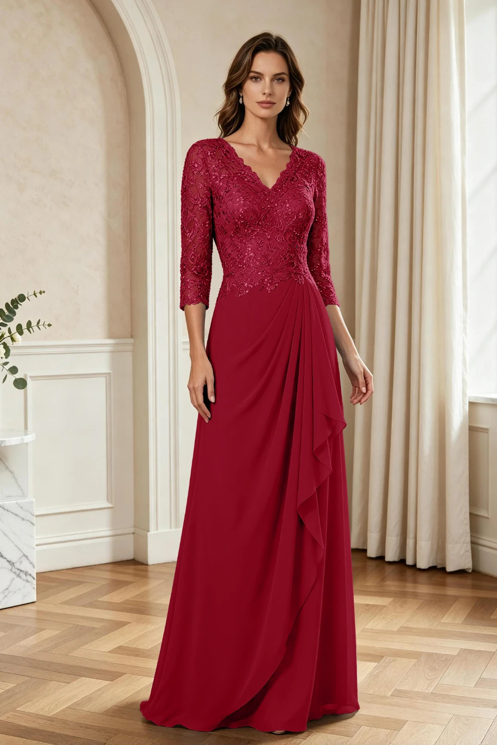 Dusty Blue Lace Three-Quarter Sleeve Draped Cascade Chiffon Floor-Length Dress