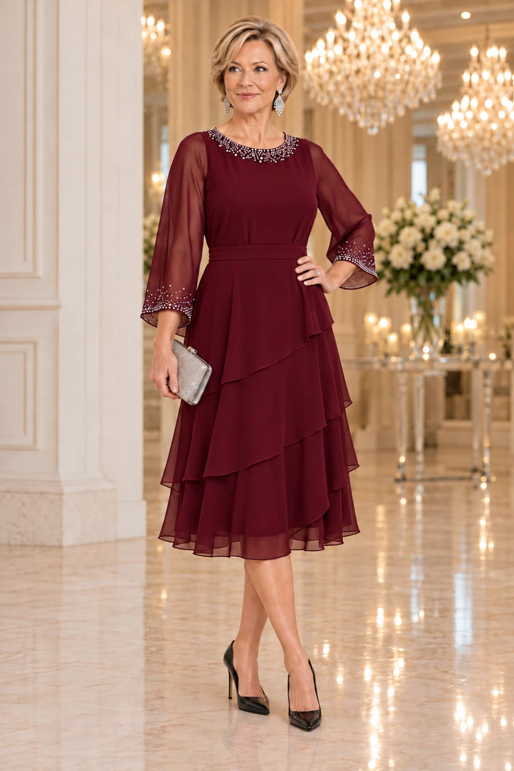 Burgundy dress with a fitted plain bodice and three overlapping midi skirt flounces, front view.