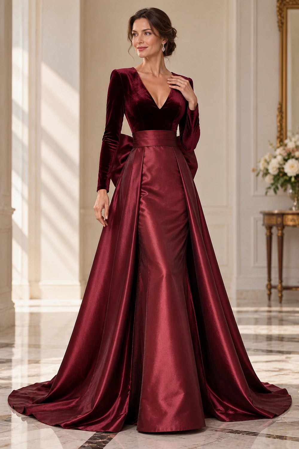Burgundy V-Neck Back Bow Mother of the Bride Gown
