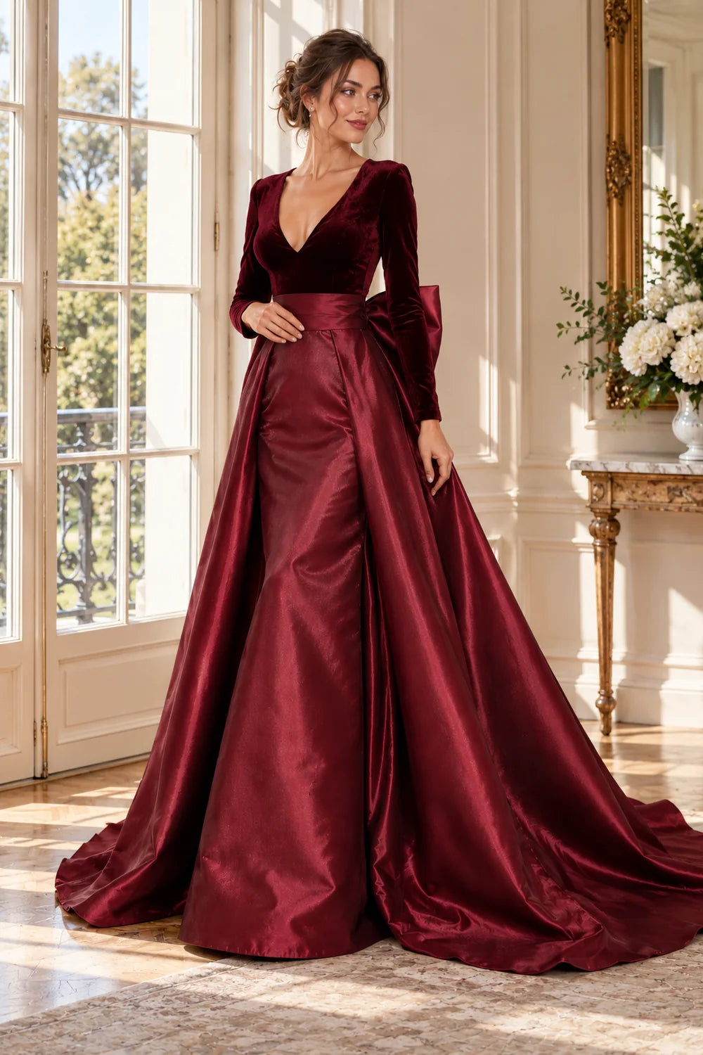 Burgundy V-Neck Back Bow Mother of the Bride Gown