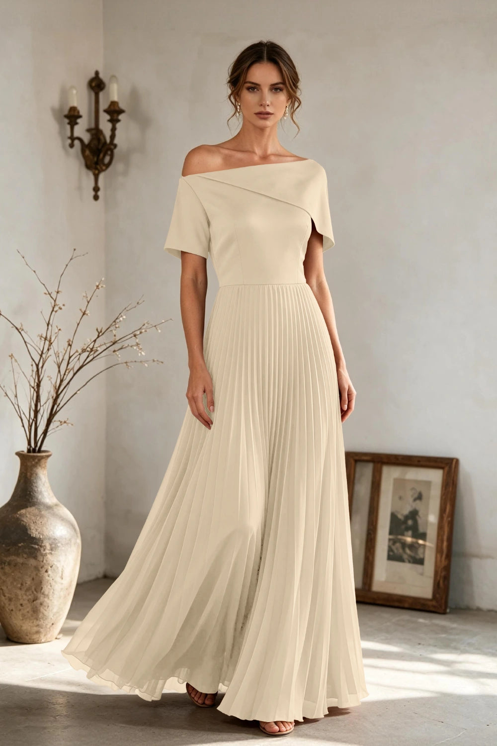 Copper Brown Off-Shoulder Draped Pleated Chiffon Floor-Length Dress