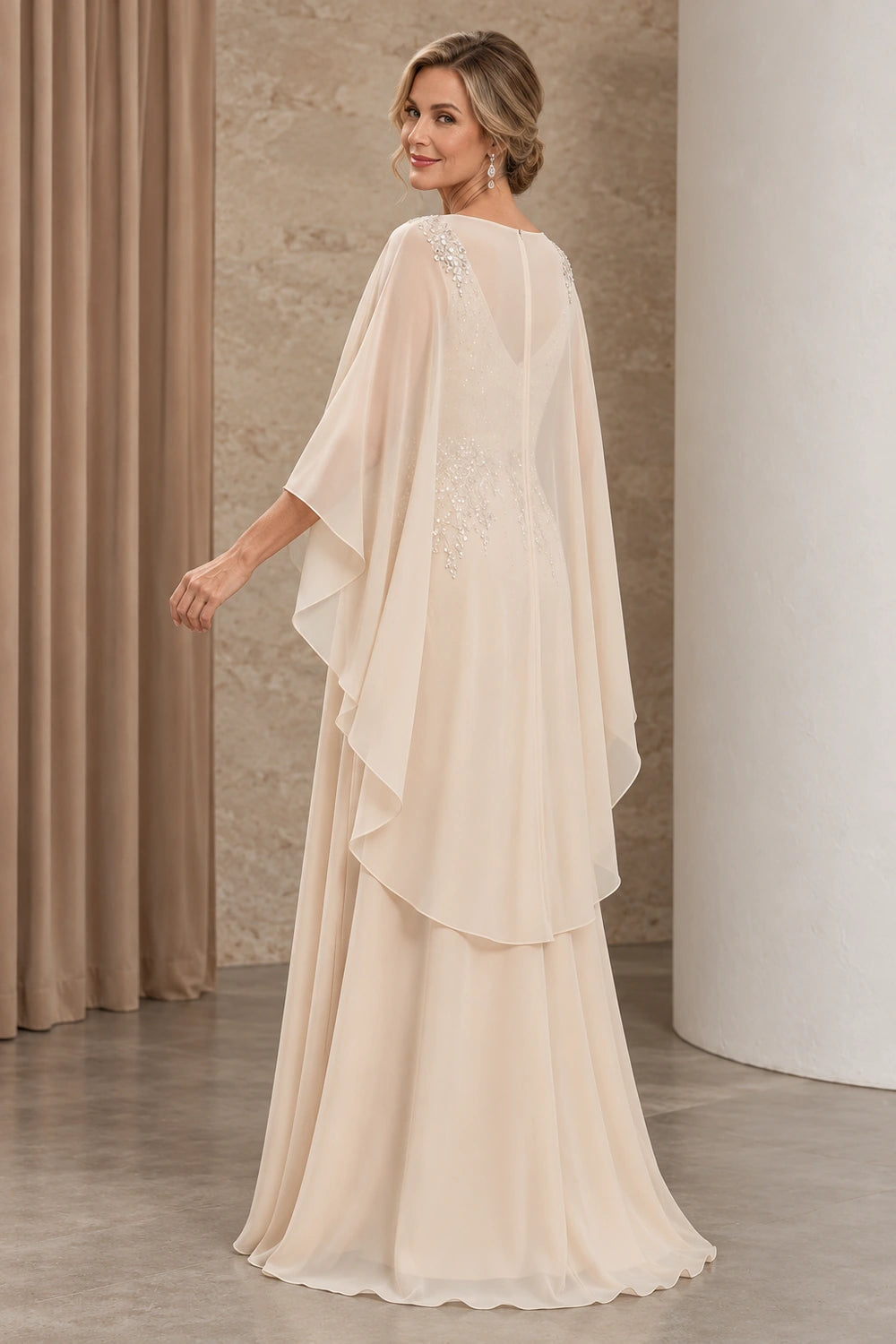 Champagne Cape and Embellished Waist Mother of the Bride Gown