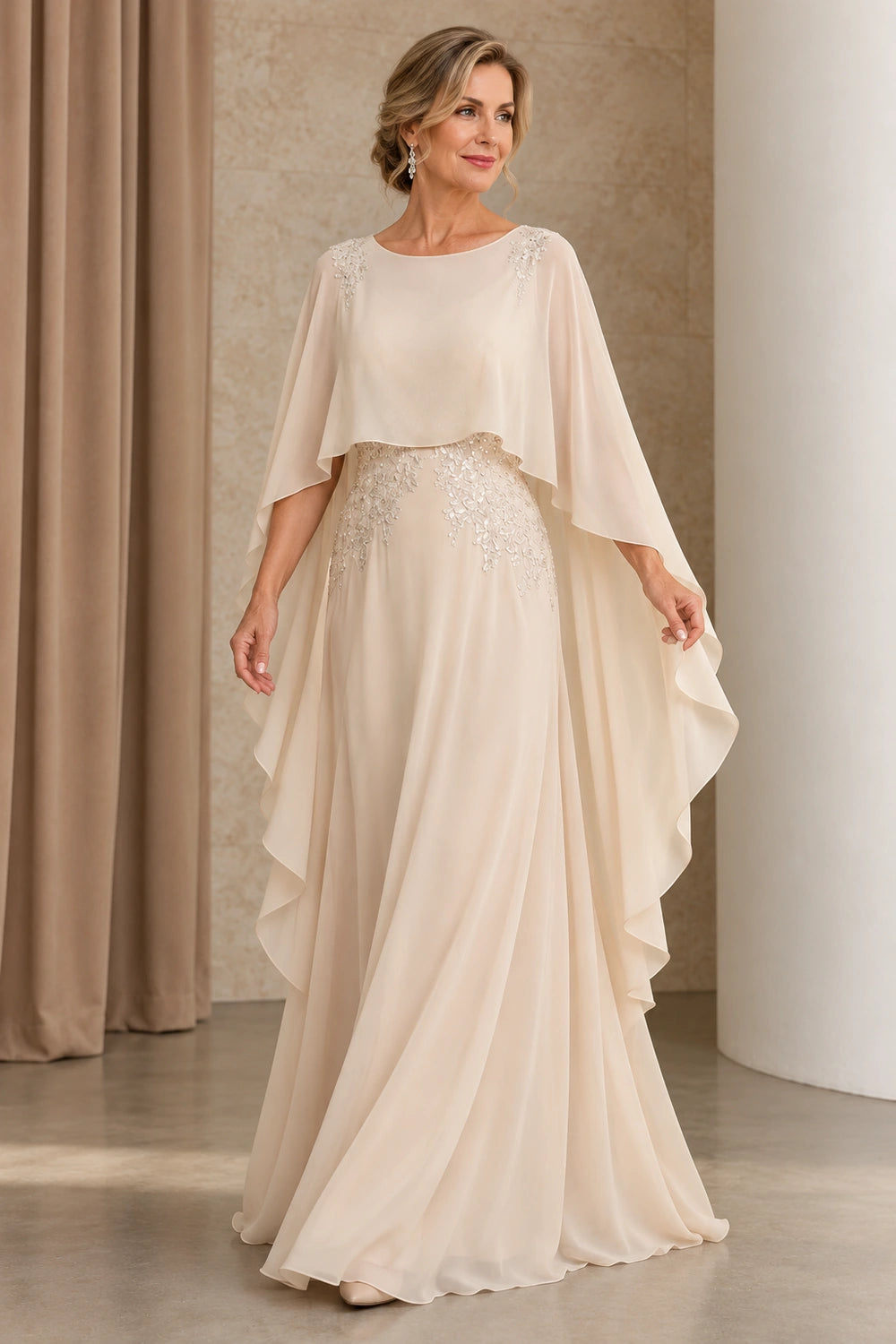 Champagne Cape and Embellished Waist Mother of the Bride Gown