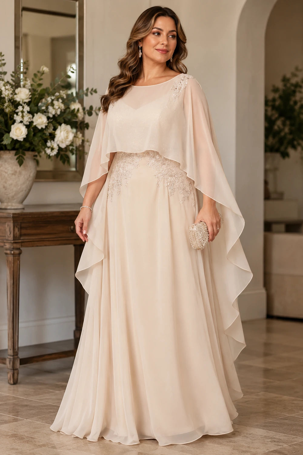 Champagne Cape and Embellished Waist Mother of the Bride Gown