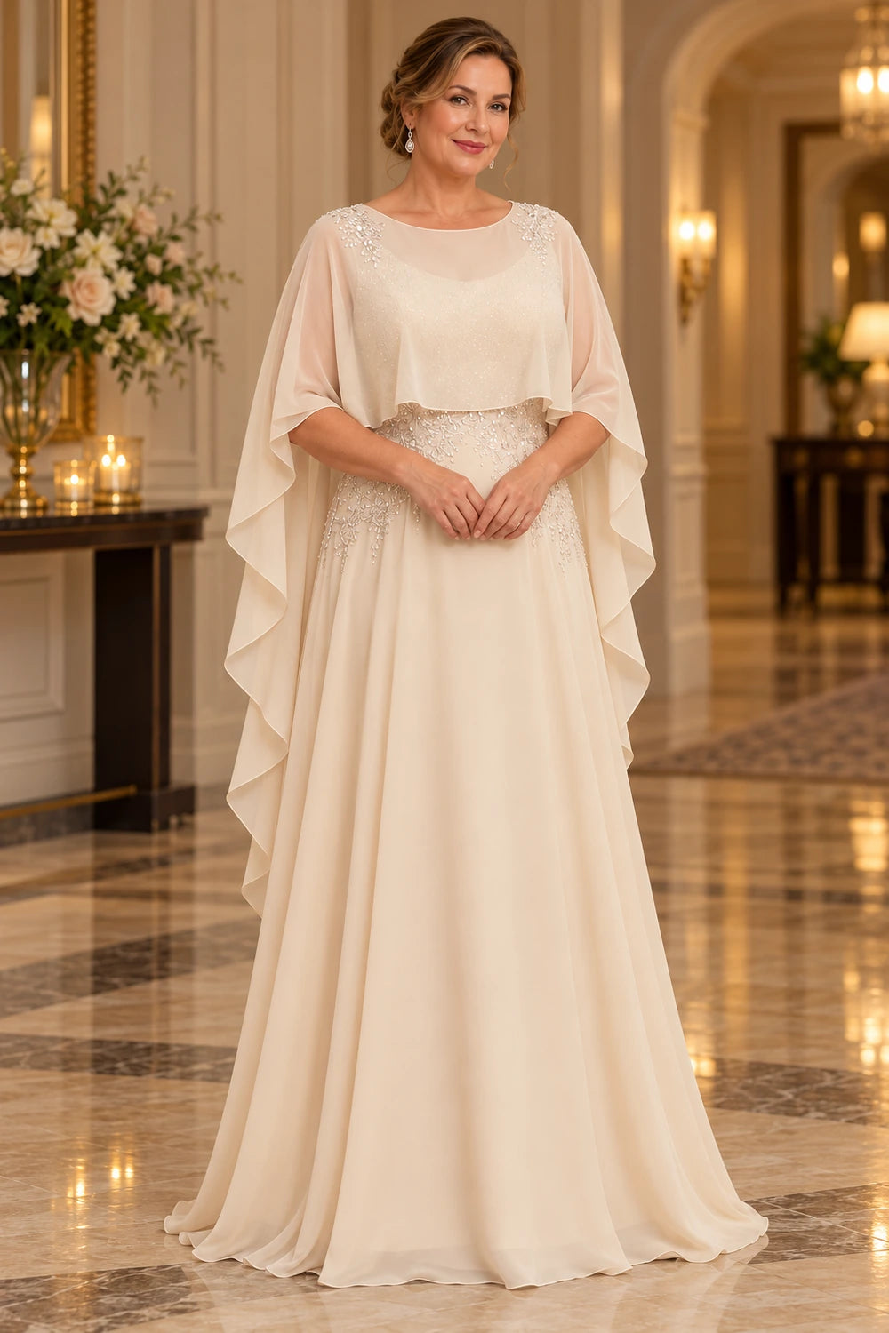 Champagne Cape and Embellished Waist Mother of the Bride Gown