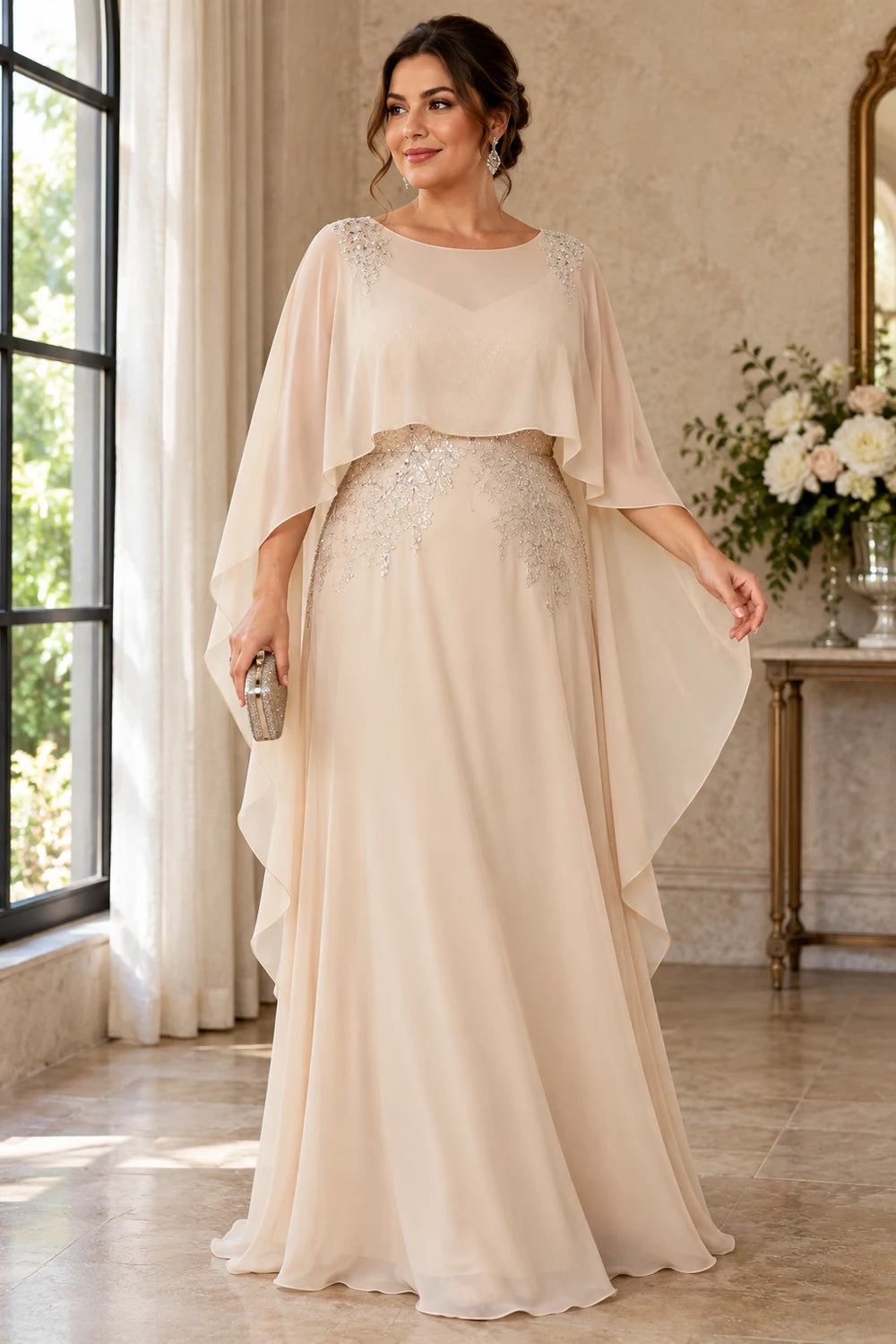 Champagne Cape and Embellished Waist Mother of the Bride Gown