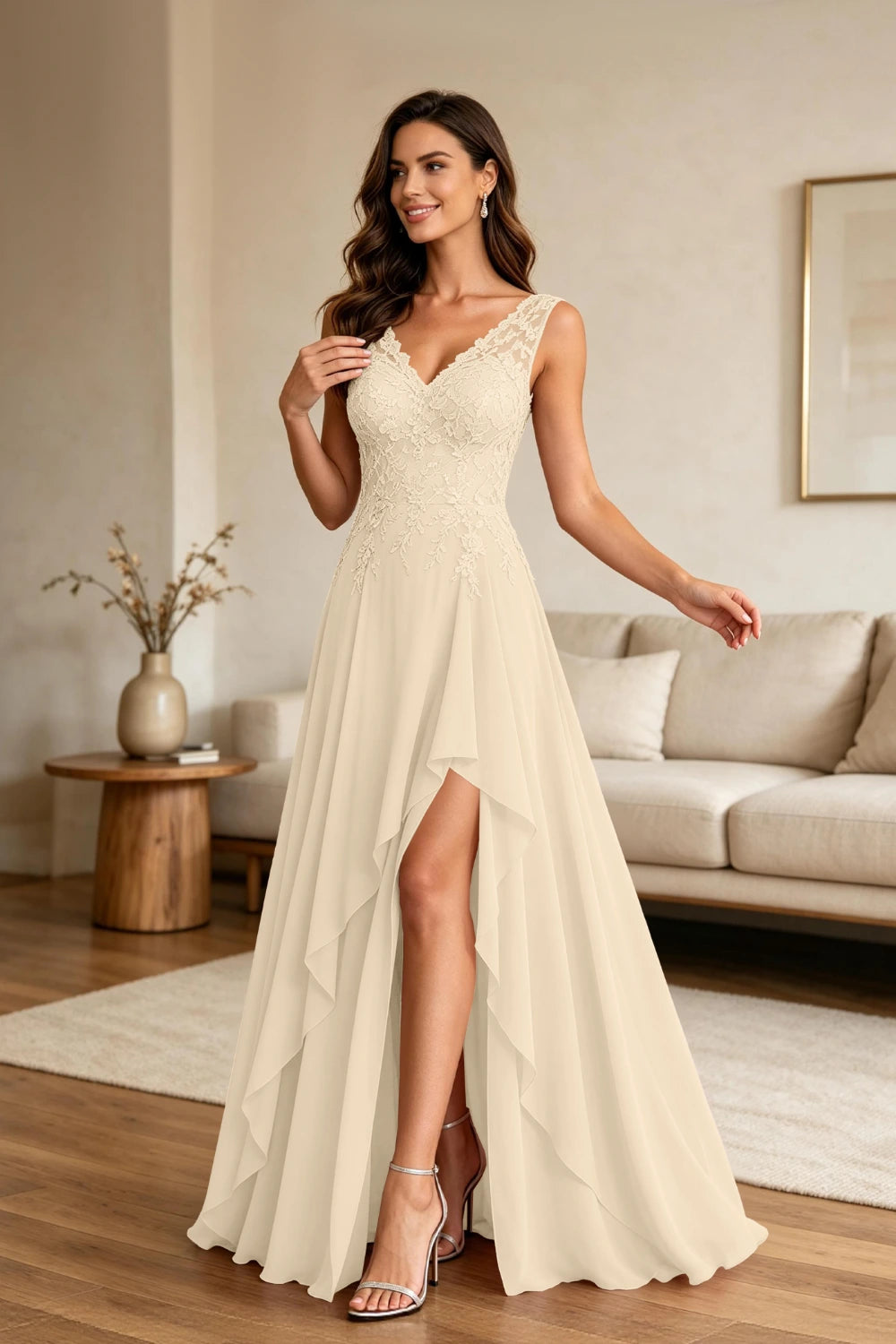 Dusty Pink Lace Sleeveless Ruffle Chiffon Floor-Length Dress