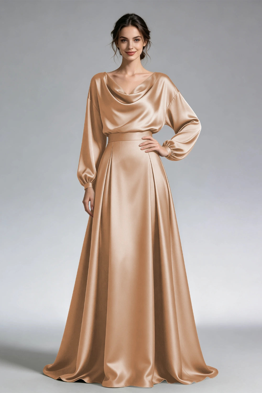 Front view of the champagne cowl-neck gown with loose long sleeves and a wide waistband.